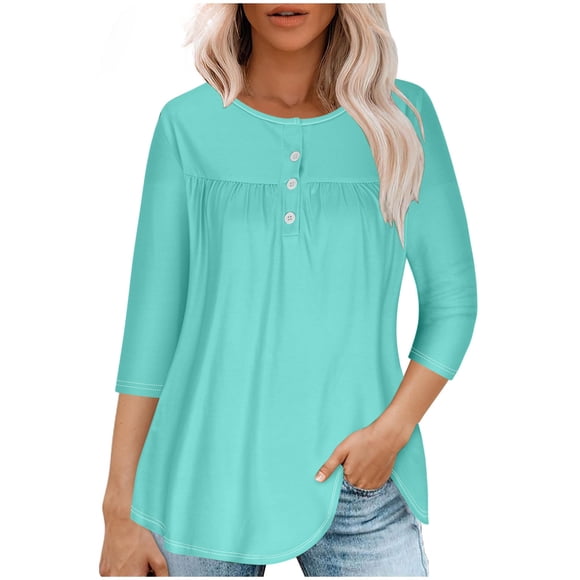 VKOYWKM Plus Size 3/4 Sleeve Tops for Women Trendy Button Up Round Neck Henley Shirts Solid Color Tunic Blouses Dressy Casual Pleated Front Tee Tops