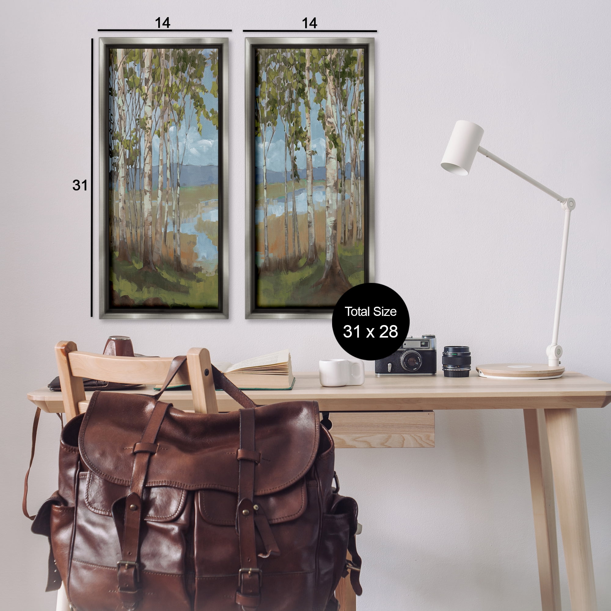 Stupell Industries White Birch Copse of Trees Landscape & Nature Painting Gray Floater Framed Canvas Art Print Wall Art, 14 x 31, Set of 2