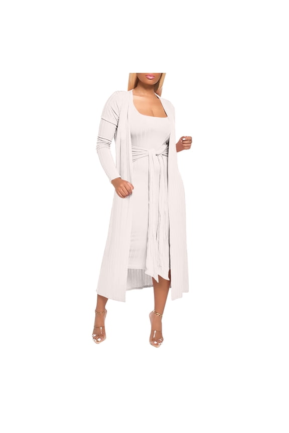 Women's Cardigan Lace-up Sets Long Sleeve Square Neck Tunic Dresses Trendy Fall Winter Solid Color Bodycon