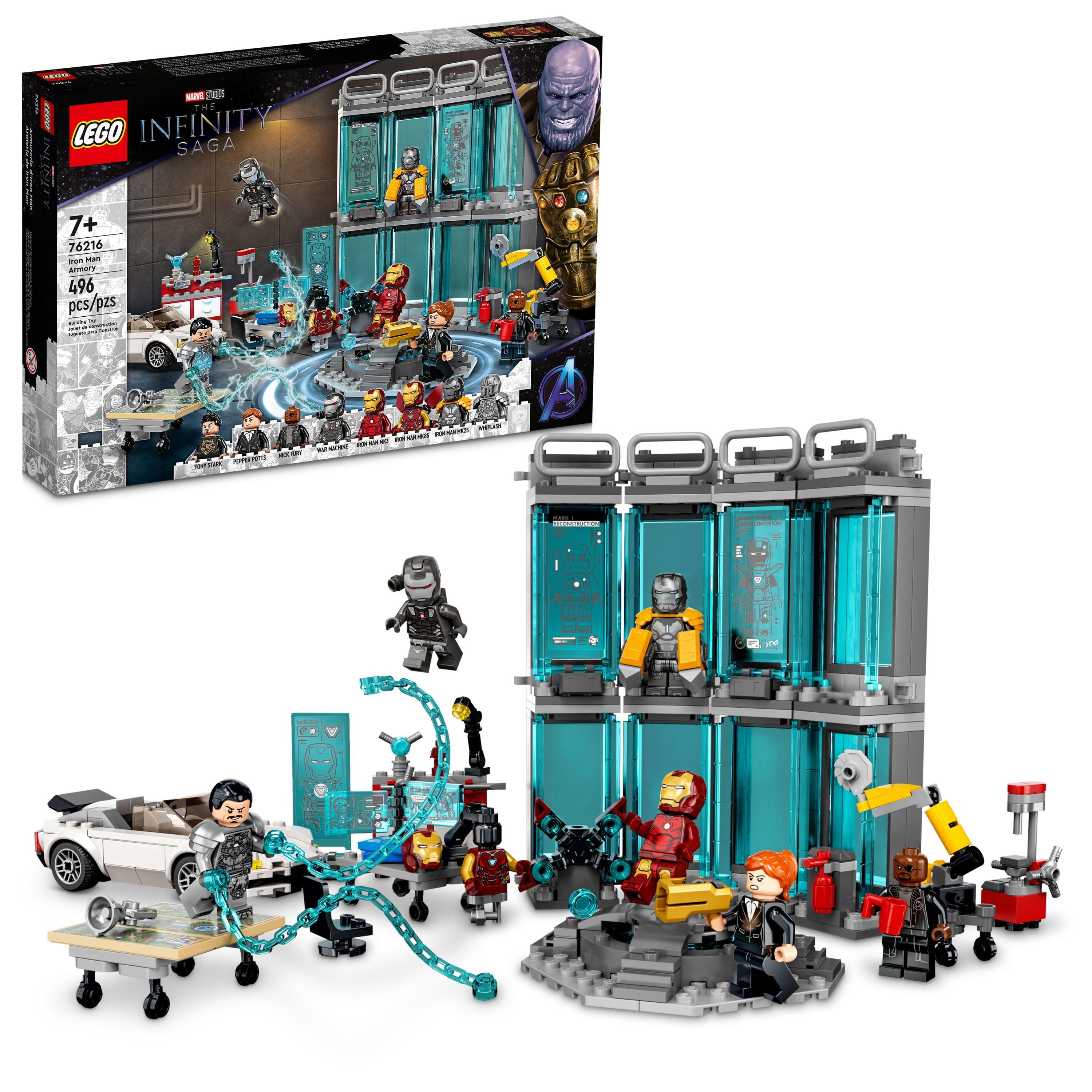 LEGO Marvel Iron Man Armory, Buildable Toy, 76216 Avengers Gift for 7 Plus Year Old Kids, Boys & Girls with MK3, MK25 and MK85 Suit Minifigures