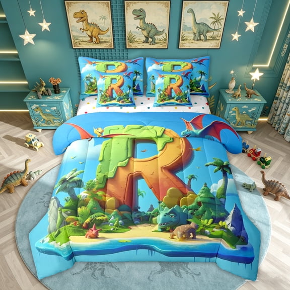 Feelyou Cartoon Dinosaur Letter A Print Twin Bedding Sets for Boys Girls, Cute Animal Bedding Comforter Set, Blue, Polkadot Reversible, 7-Piece