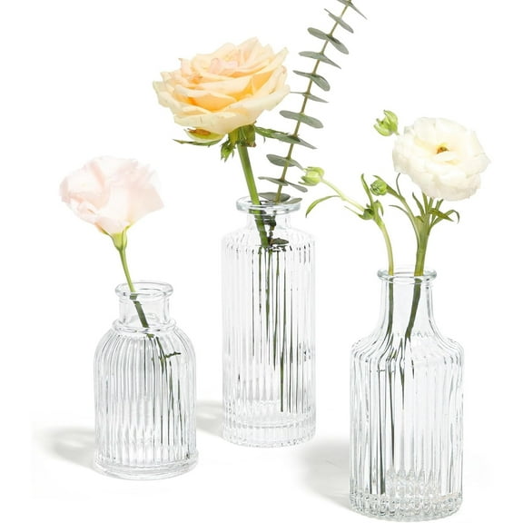 Glass Bud Vases Set of 3, Small Flower Vases in Bulk, Mini Ribbed Vases for Centerpieces, Clear Vintage Vase for Table Decorations, Wedding, Party, Receptions, Home Decor (Different Sizes)