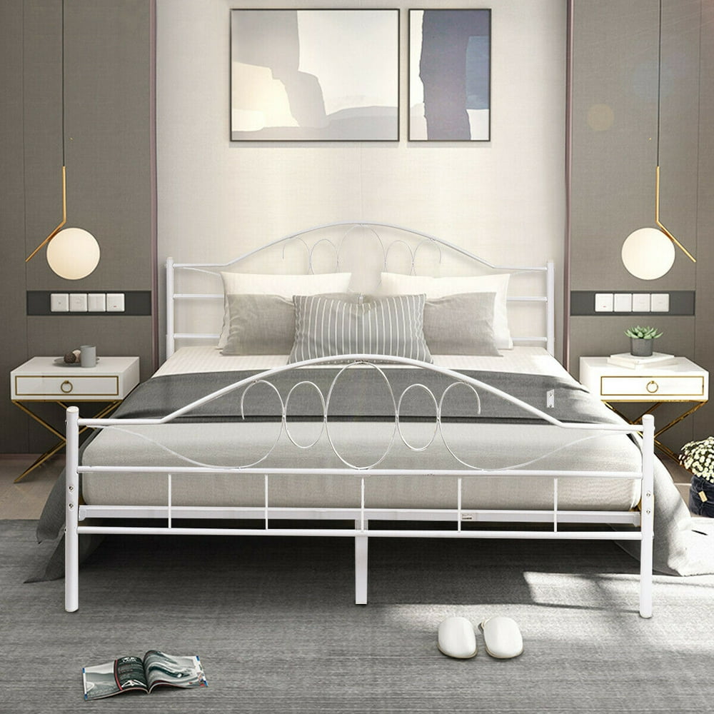 Costway Queen Size Wood Slats Steel Bed Frame Platform Headboard