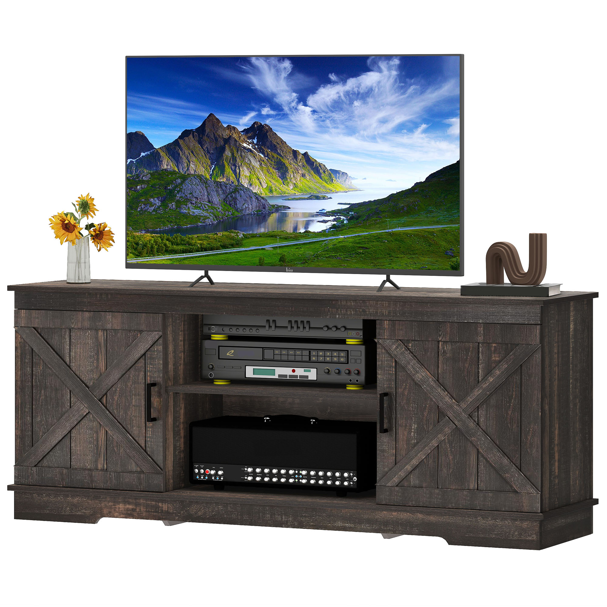 Uforic Farmhouse TV Stand for up 65" TVs, Entertainment Center Console Table for Living Room, Dark Oak
