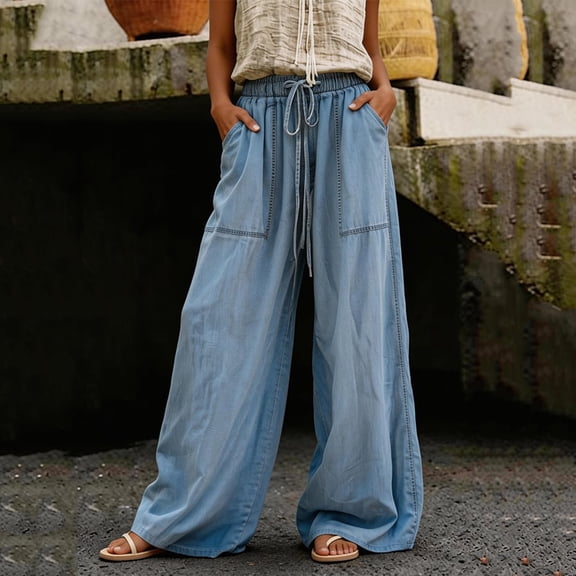 JUSLIO Womens Pants,Spring Casual Straight Wide Leg Full Length Daily Denim Jeans