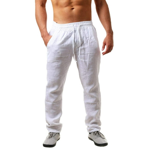 Casual Mens Loose Fit Linen Pants Straight-Legs Elastic Waist trousers
