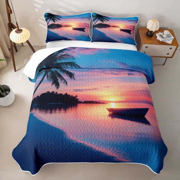 Erosebridal Sunset Beach Pattern Twin Quilt Set,Palm Boat Tropical Twin Coverlet Set For Boys,2 Pieces