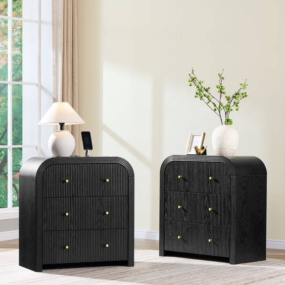 KeyWhat 30" Large Fluted Nightstand Set of 2, 3 Drawers, Charging Station & Curved Edges