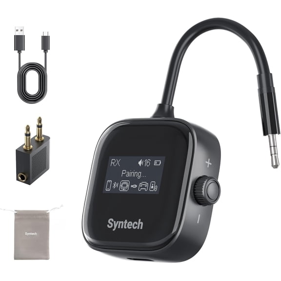 Syntech Airplane Bluetooth Transmitter Receiver 5.4 Adapter for 2 AirPods or Wireless Headphones, HD Display Low Latency 3.5mm AUX Jack Bluetooth Audio Adapter for Flying, TV, Car, Black