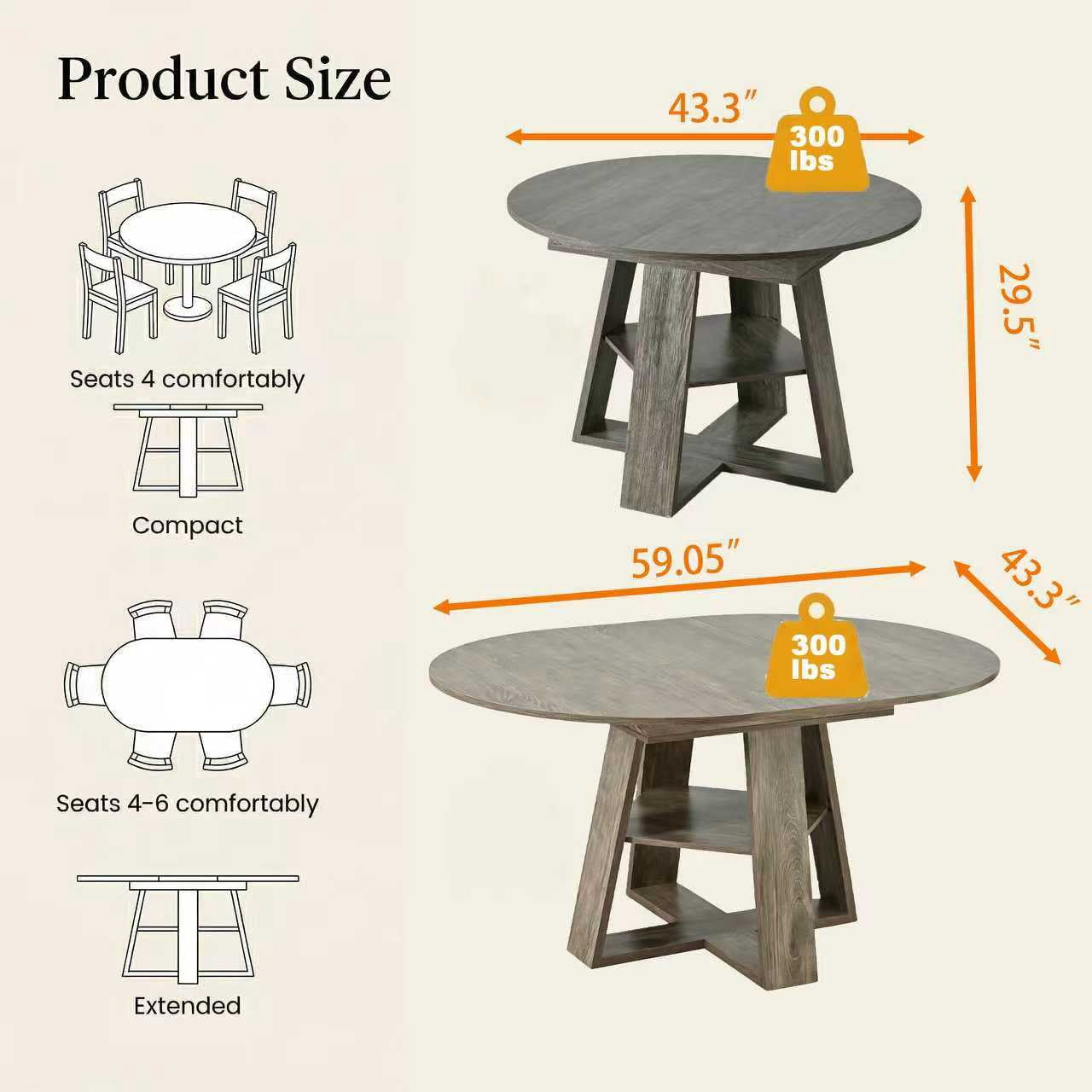 Extendable Dining Table for 2-8, Round to Oval Kitchen Table with Storage Shelf, Thick MDF, Cross-Shaped Base, 43.3 to 59-Inch Length, 300 Lbs Capacity, for Dining Room Kitchen Living Room, Natural