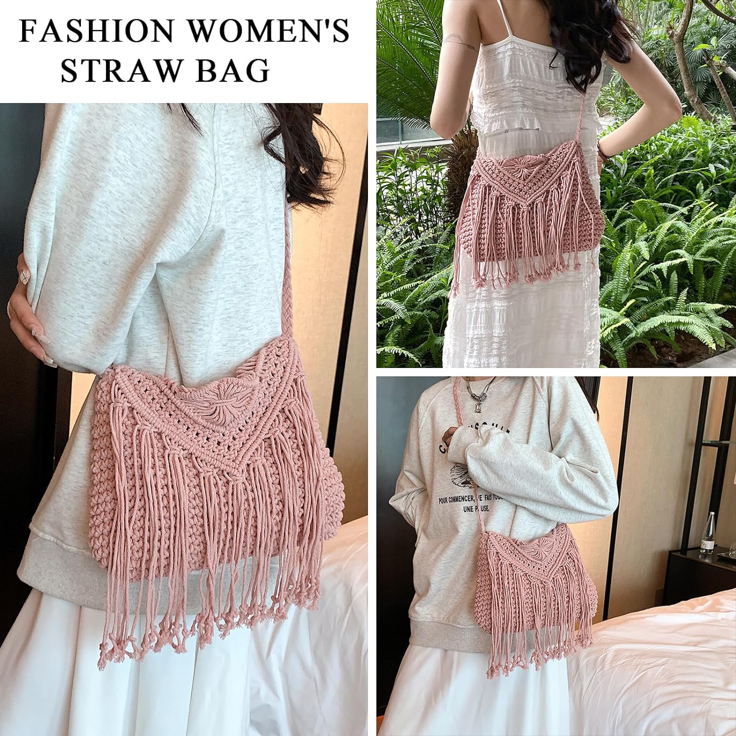LinYooLi Straw Crossbody Bags for Women, Summer Straw Purses and Handbags with Tassels Shoulder Clutch Bag for Vacation