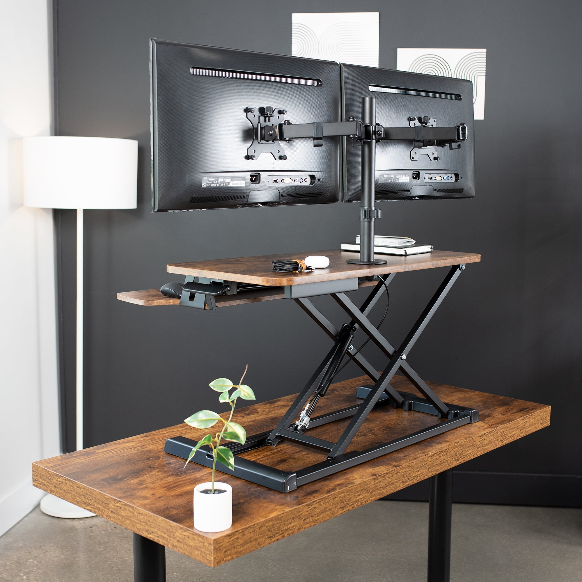 VIVO Vintage Brown/Black 32" Standing Desk Riser with Dual 13"-30" Monitor Mount