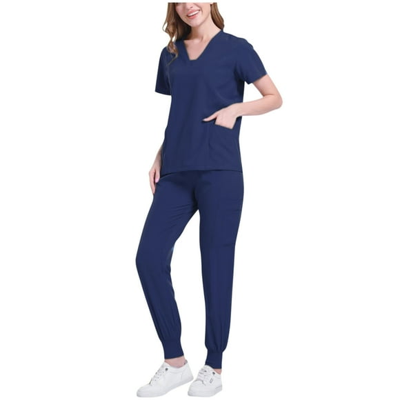 FRSASU Scrubs for Women Set Medical Uniform - V-Neck Top & Straight Leg Pants with Pockets, Unisex Workwear Navy S(S)