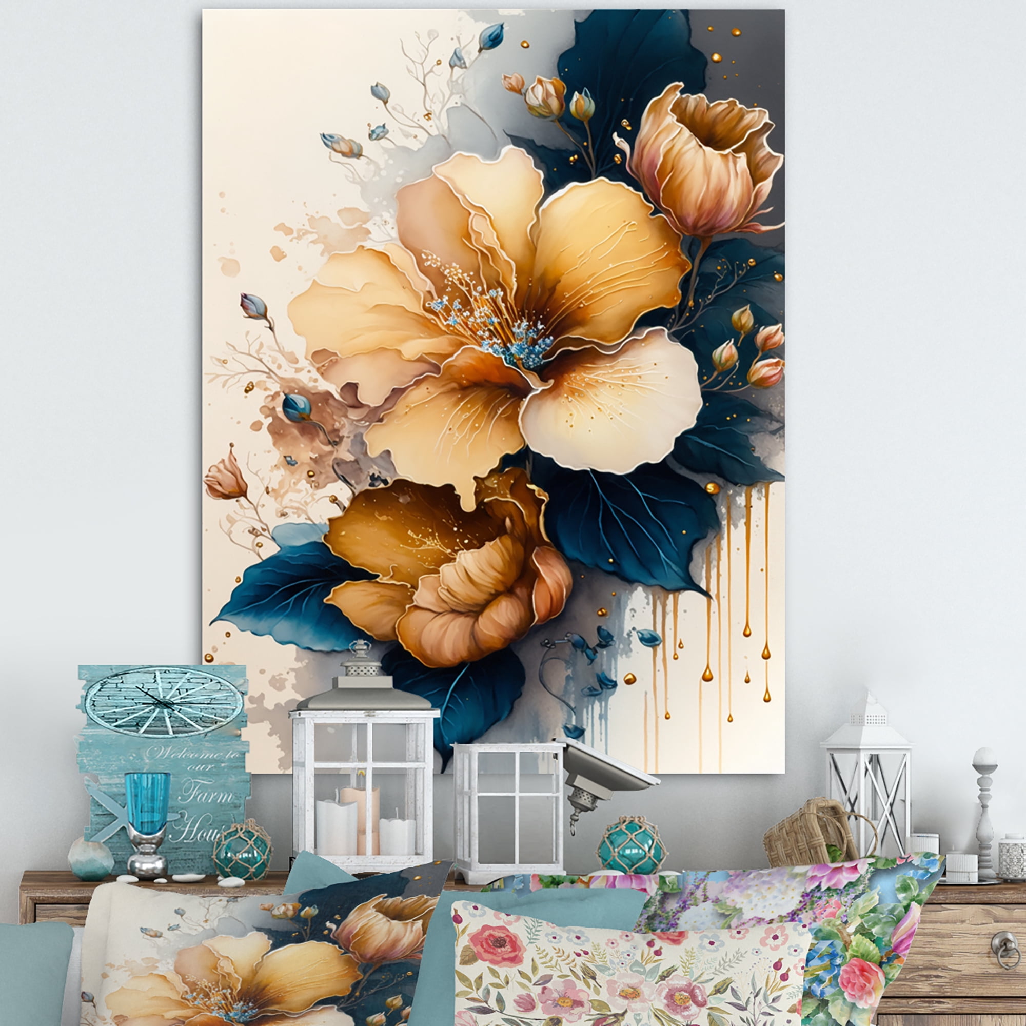 Designart Orange And Blue Hibiscus Bunch II Canvas Wall Art