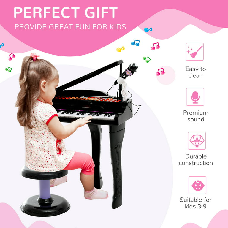 Kids Electronic Grand Piano Musical Instrument Keyboard Toy Microphone &  Stool