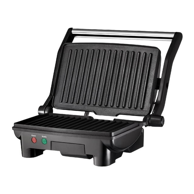Paninera Chefman Plateada RJ02-180 Plus con apertura plana a 180° y bisagra flotante para sándwiches gruesos, platos antiadherentes y bandeja removible, ideal para electrodomésticos de cocina y sandwicheras versátiles.
