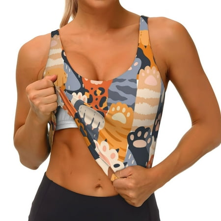 Qokaie Cute Cat Paw Pattern Womens Scoop Neck Sports Bra Breathable Workout Vest Padded U Back Medium Impact Fitness Gym Yoga Bra Workout Crop Top