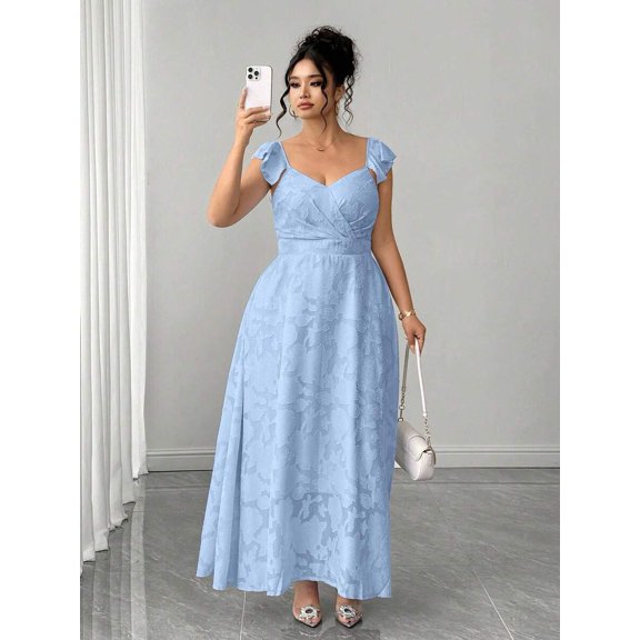 Elegant Plus Size Blue Jacquard Sweetheart Neck Ruffle Sleeve Flared A-Line Maxi Dress For Women