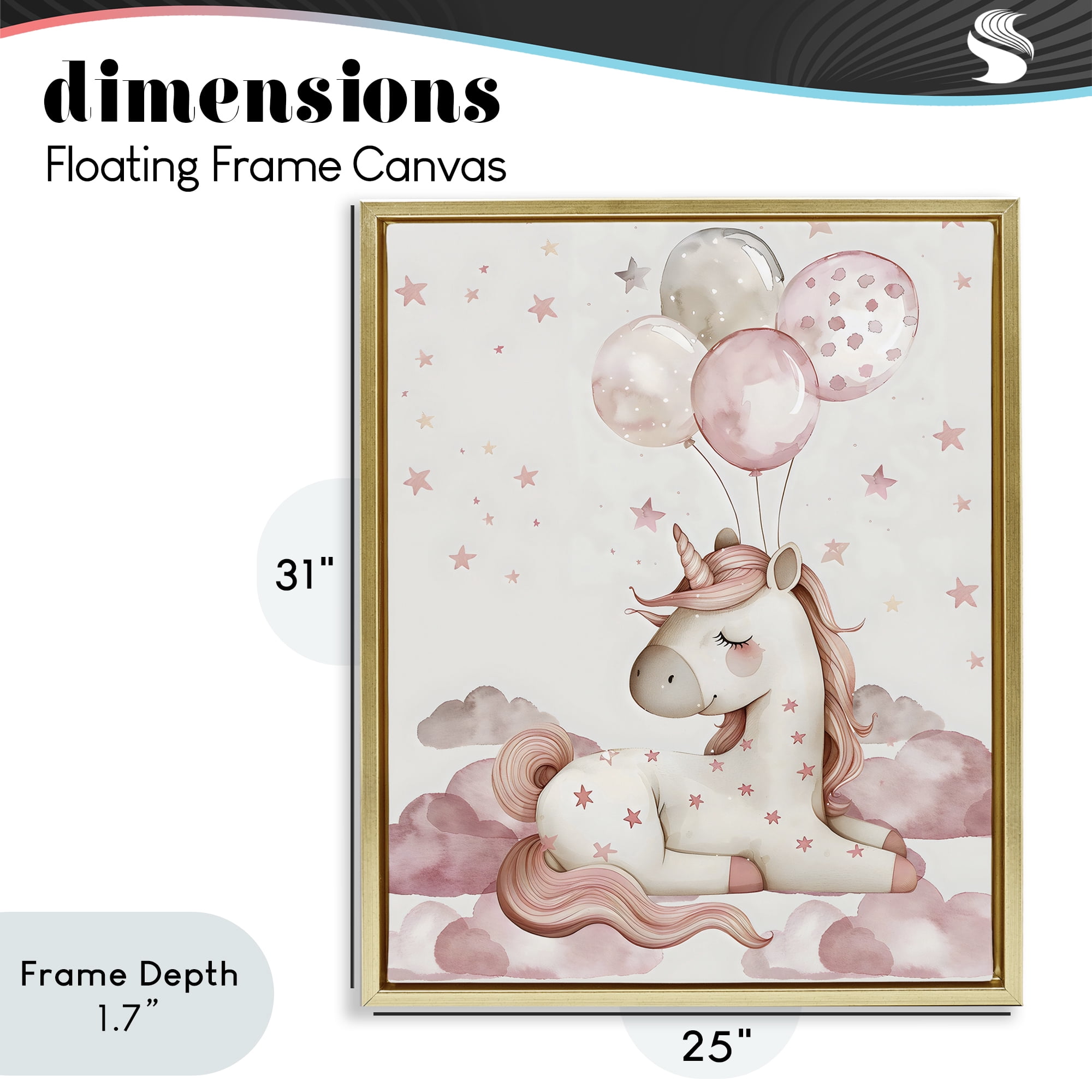 Stupell Industries Pink Unicorn with Balloons Gold Framed Floater Canvas Wall Art, design by LSR Design Studio