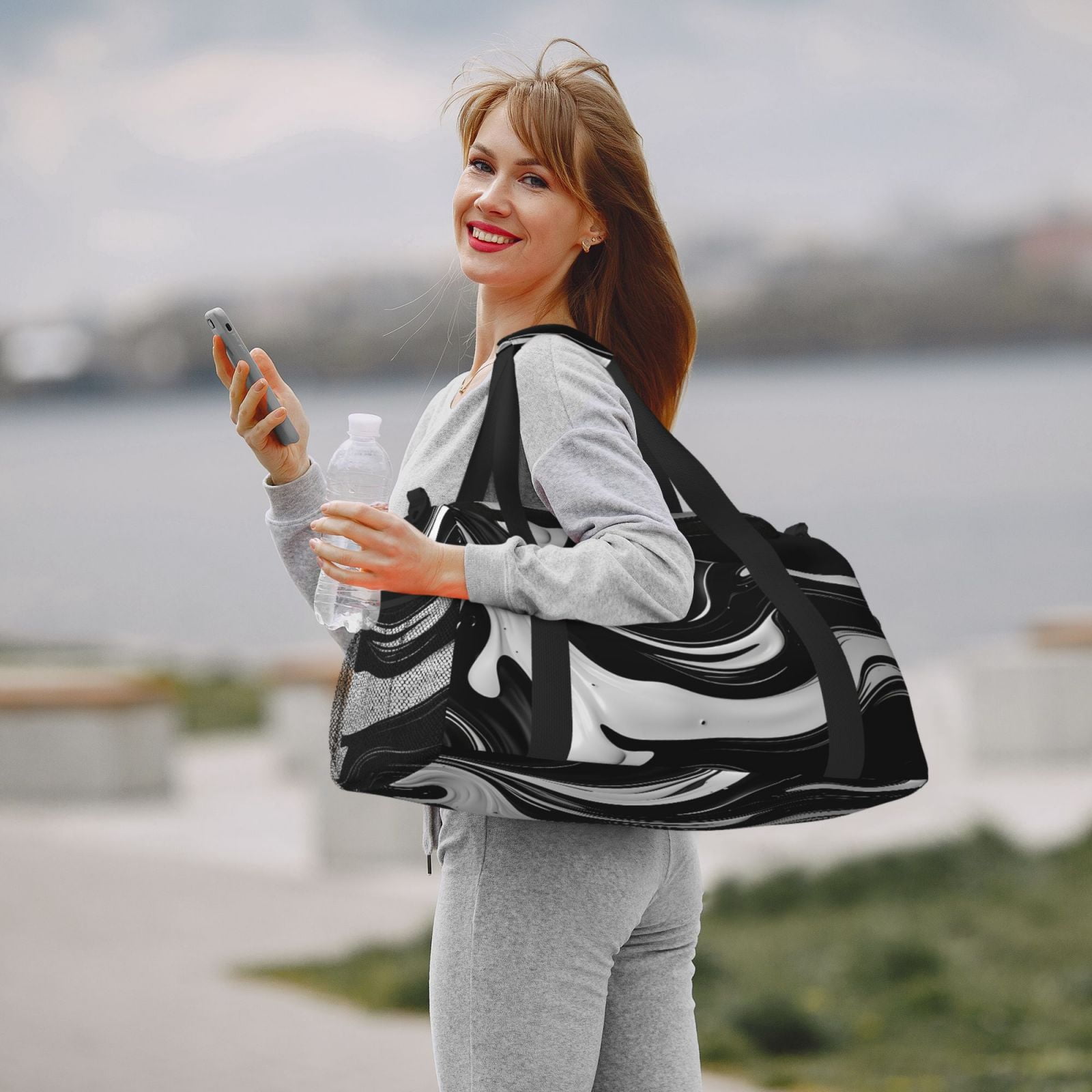 Kuqiui Abstract Black White Swirls Print Foldable Travel Duffel Bag Tote Carry on Luggage Bag Personal item Sports Gym Bag Water Resistant Weekender Overnight Bags for Women and Men