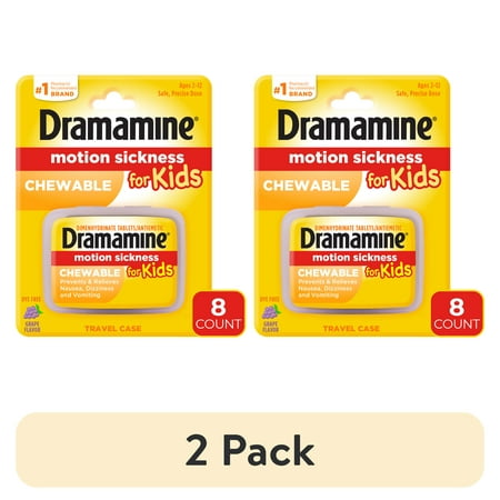 (2 pack) Dramamine Kids Chewable, Motion Sickness Relief, Grape Flavor, 8 Count