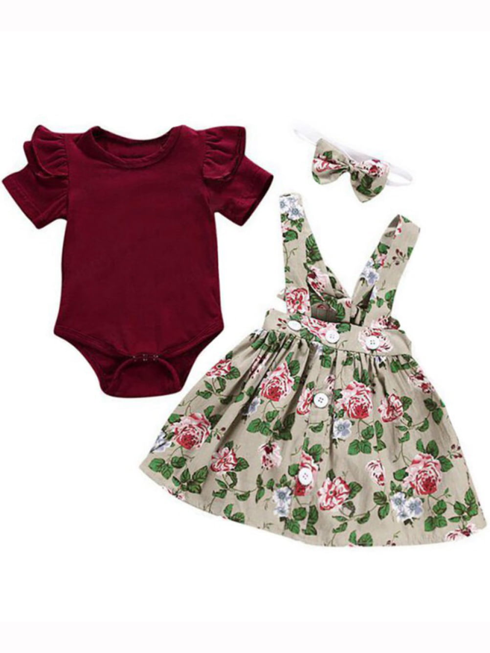 Newborn Baby Girls Ruffle Romper+Floral Strap Skirt Dress+Headband Outfits Set 
