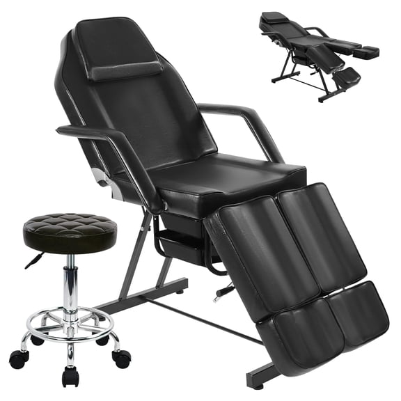 Tattoo Chair for Client, Facial Bed Esthetician Massage Headrest Table with Rolling Stool, Split Legs Design, Professional Beauty Lash Bed for Salon Spa Barber Massage Equipment, Black