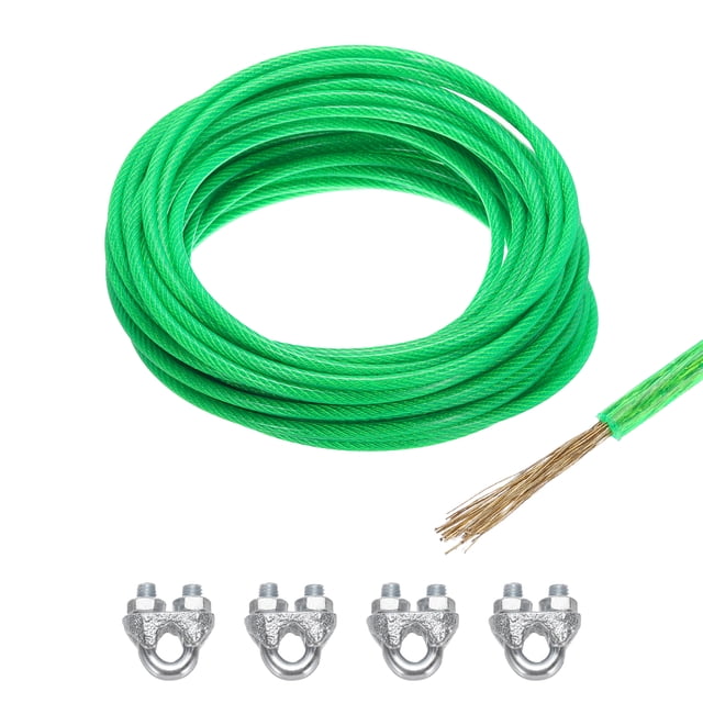 Uxcell 1/4 Green Vinyl Coated Wire Ropes 49ft Galvanized Steel with 4PCS M6 Loop Sleeves