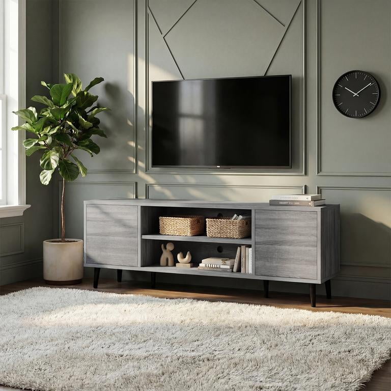 Vineego TV Stand for 55 Inch TV with 2 Push-to-Open Doors, Mid-Century Modern Media Console with Open Shelves, Entertainment Center for Living Room Bedroom, Gray