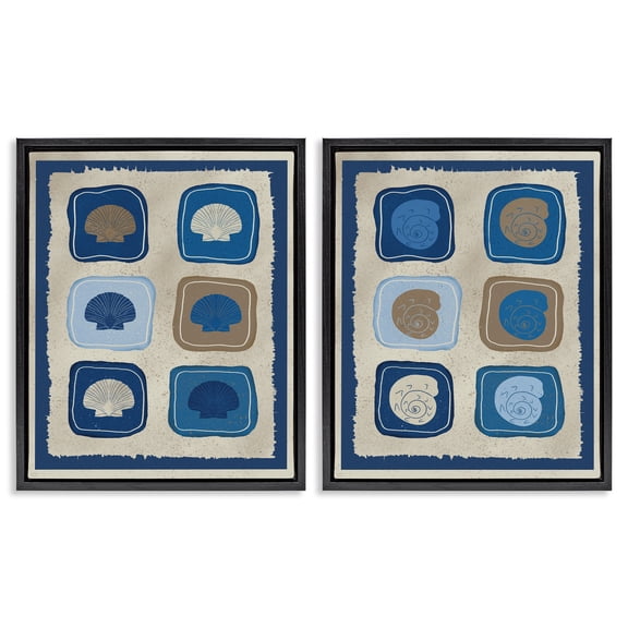 Stupell Industries Blue Blocked Seashells 2 Piece Black Framed Floater Canvas Set, design by Julia Frost
