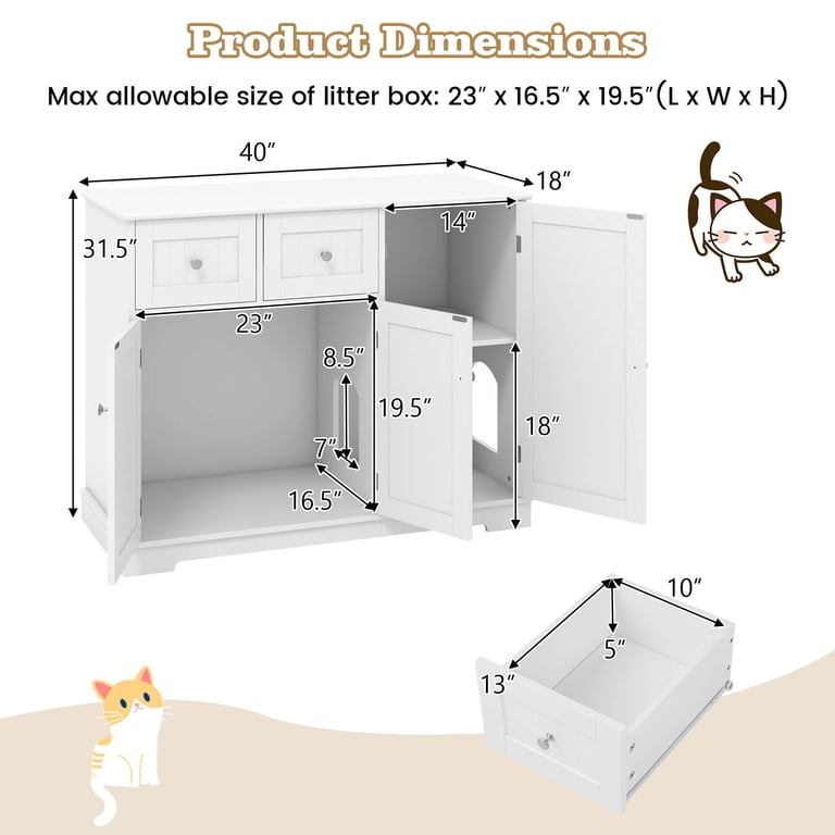 Costway Cat Litter Box Enclosure with 2 Drawers 3 Doors Anti