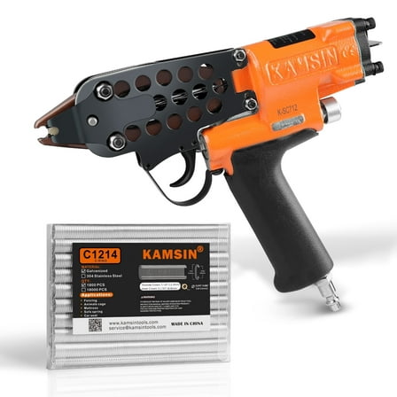 KAMSIN K-SC712 Pneumatic Hog Ring Gun 11/32" Inner Crown with with 1,800PCS C1214 Galvanized Staples, 1.8-2.1mm Closure Diameter for Various Wire Cage