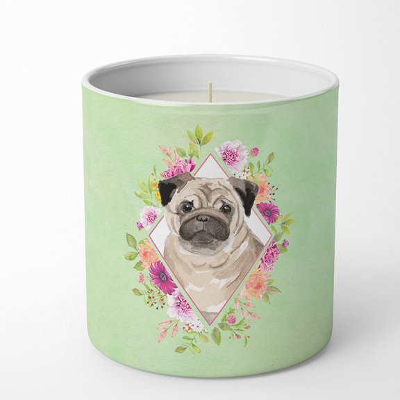 Carolines Treasures CK4378CDL Fawn Pug Soy Candle 10 oz Decorative Gift Scented Soy Candles for Home Green Flowers 10 oz
