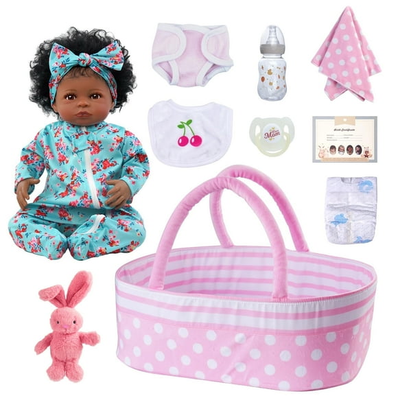 RSG Poupées Bébé Reborn de 20 Pouces avec Berceau, Corps en Tissu Doux Noir Afro-Américain, Poupées Bébé avec Accessoires, Boîte-Cadeau pour Enfants de 3 Ans et Plus