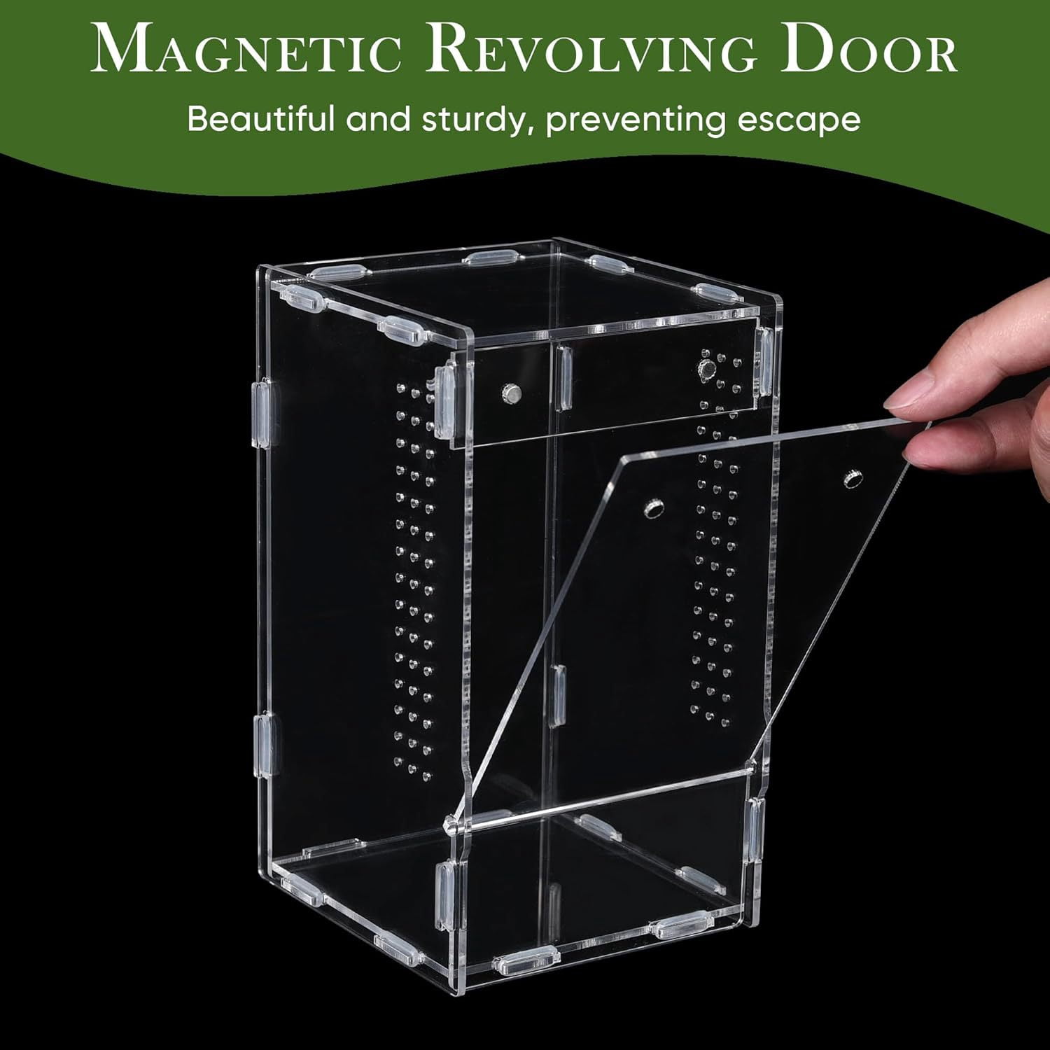 Clear Acrylic Reptile Terrarium, 12x12x20cm Full View Small Enclosure with Magnetic Lock, Multi-Side Ventilation Holes, Habitat for Jumping Spiders, Tree Frogs, Insects, Small Reptiles & Amphibians