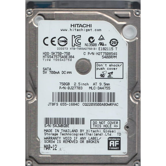 HTS547575A9E384, PN 0J27703, MLC DA4755, Hitachi 750GB SATA 2.5 Hard Drive