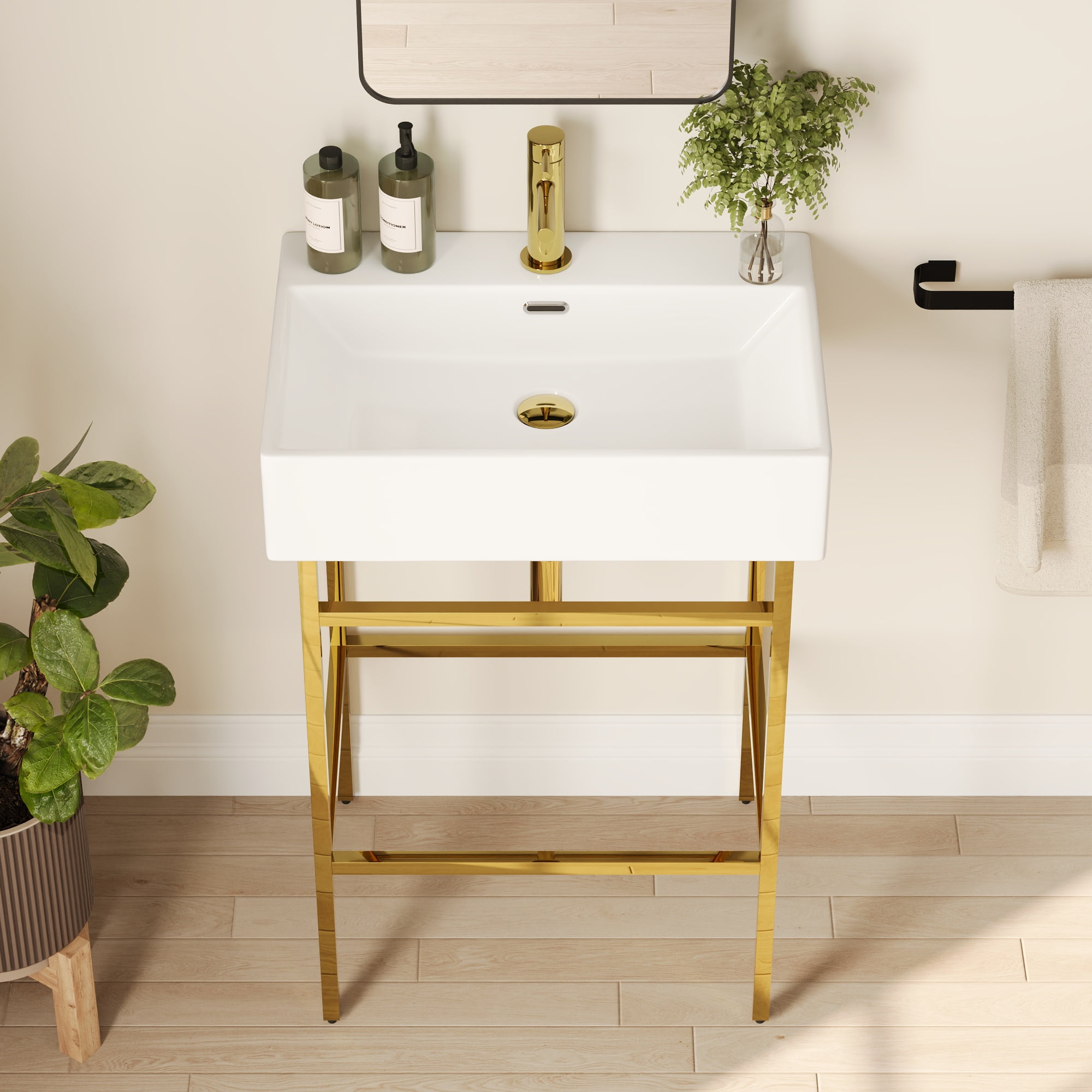 24 in. L x 17 in. W Ceramic Rectangular Bathroom Console Sink in White with Golden Legs and Overflow