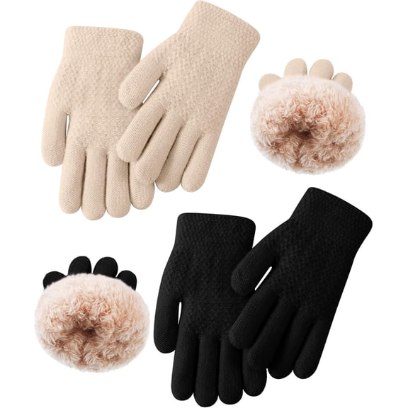 2 Pairs Kids Fleece Lined Gloves Winter Thick Warm Thermal Cable Knit Gloves for 6-10 Years Boys Girls