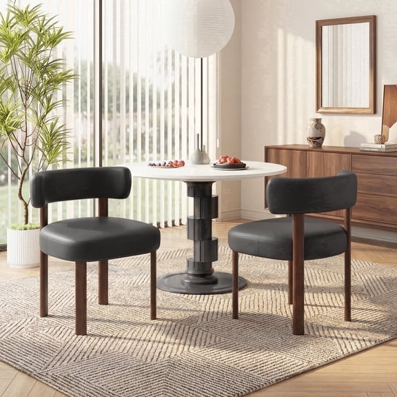 AFO Upholstered Dining Chair Set of 2, Faux Leather Seat with Solid Wood Legs Ergonomic Curved Back Kitchen Modern Chairs for Dining Room Living Room Cafe Black