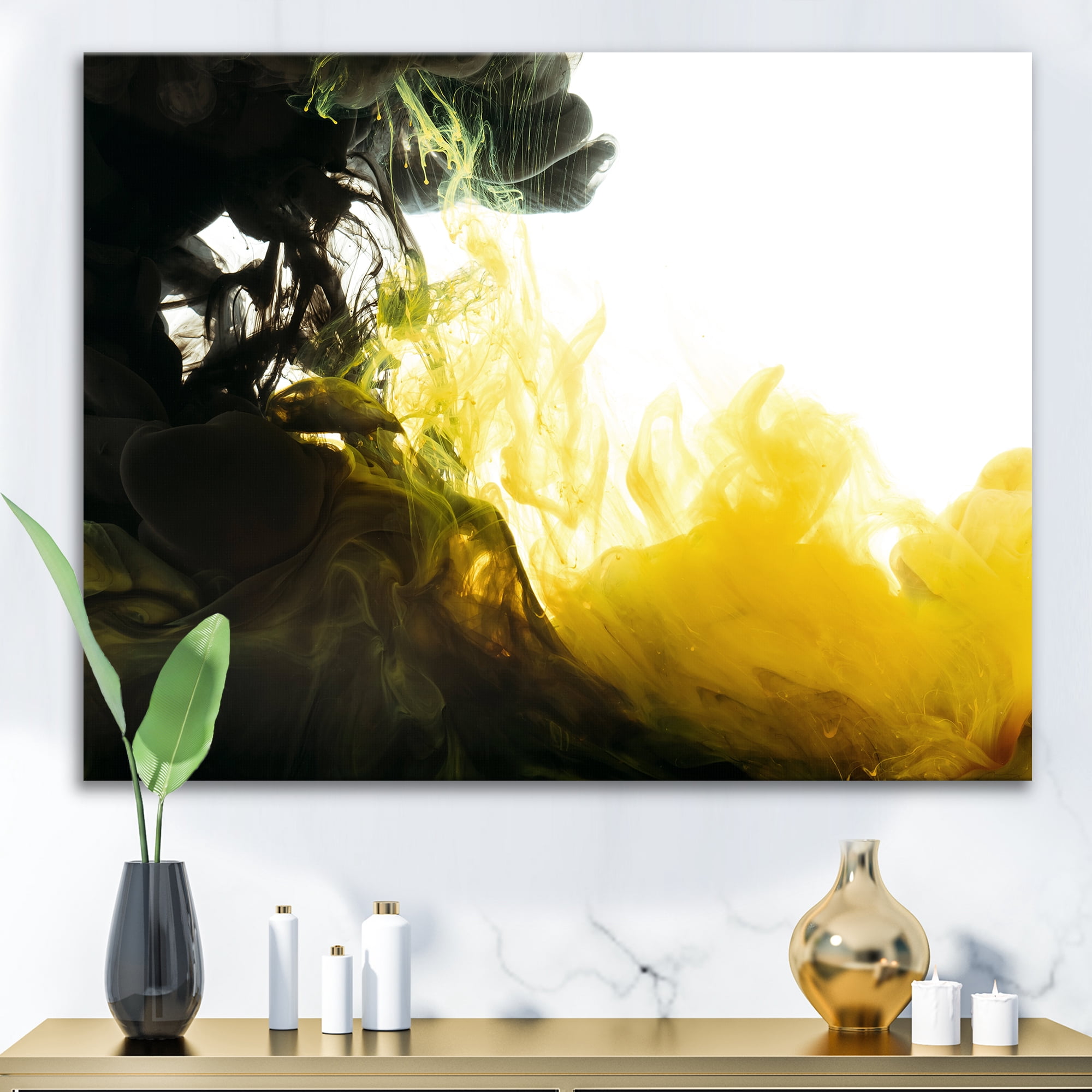 Designart ' Abstract Of Yellow Meeting Black ' Modern Canvas Wall Art Print