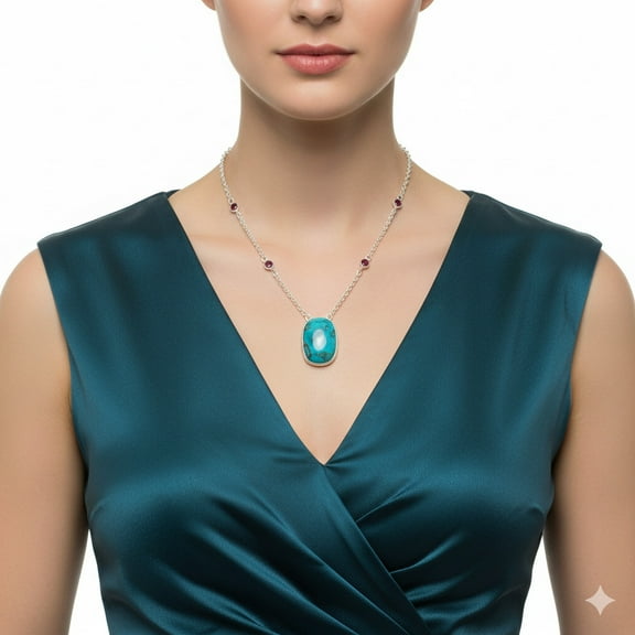 Royston Ribbon Turquoise & Garnet 925 Sterling Silver Necklace Jewelry N-1012 SDN1898