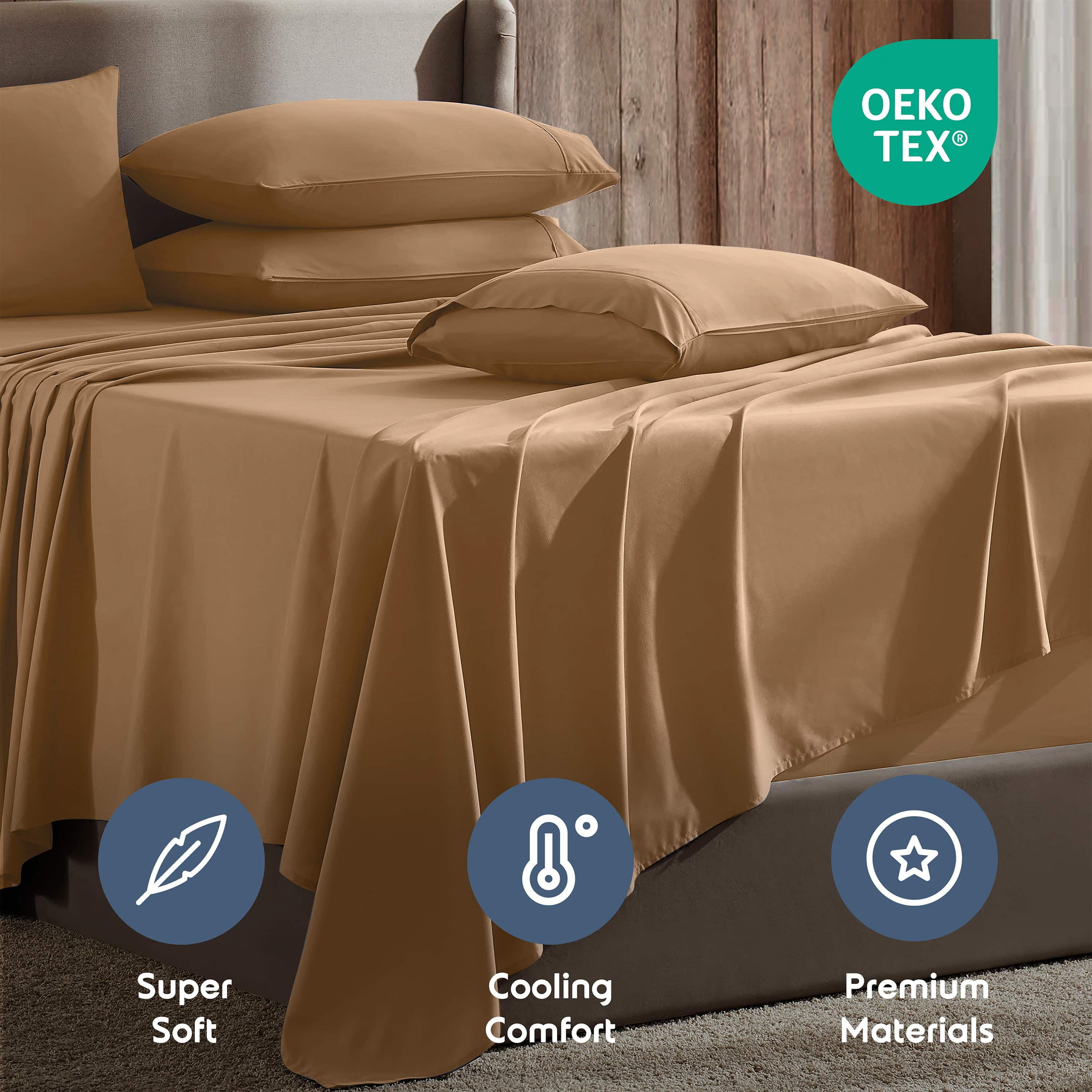 LammaLoe Extra Deep Pocket Split King Sheets set, Fits 18"-24" Mattress, 7 Piece Soft Microfiber Bed Sheet Sets, Mocha Light Brown