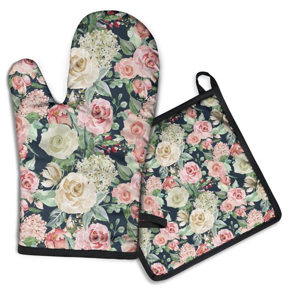 Pioneer Flower Kitchen Oven Mitt and Pot Holder Sets 2 Pcs for Baking, Cooking and Grilling, Heat Resistant Up To 392 °F