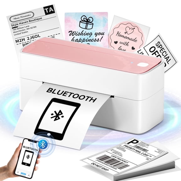 Wuduguer Shipping Label Printer - 241BT 4X6 Wireless Thermal Label Printer, Bluetooth Thermal Label Printers for Small Business, Compatible with iPhone, Android, Amazon, Shopify, UPS（Pink）