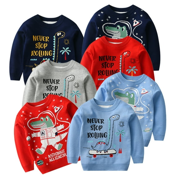 Godderr Kids Baby Boys Round Neck Sweaters Long Sleeve Solid Color Loose Knitted Dinosaur Pullovers Toddler Simple Knitted Sweatshirts Pullover for 2-8Y