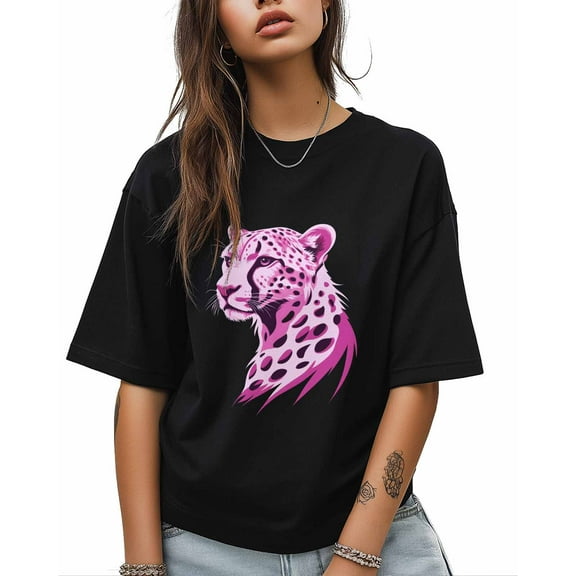 T Shirts for Women Short Sleeve Cotton Crewneck T-Shirt, Pink Animal Watercolor Leopard Tee Tops Casual Basic T-Shirts, XS-5XL Black XS