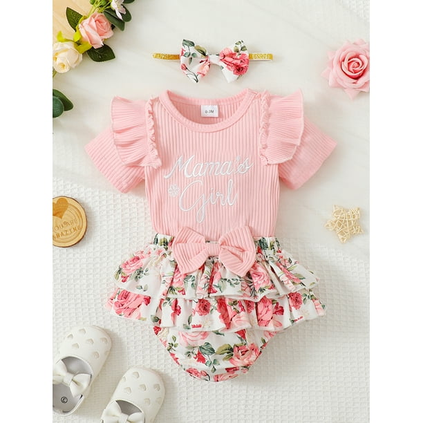 SUNSIOM Baby Girl Summer 3Pcs Outfit Letter Embroidery Short Sleeve Romper  with Ruffled Floral Shorts and Headband 