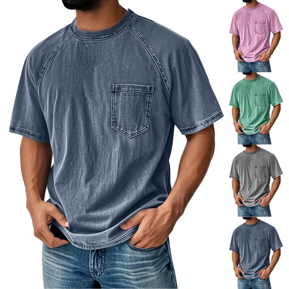 Hfnxid Big and Tall Men's Vintage Short Sleeve Shirt Solid Color Casual T-Shirt Fashion Crew Neck Tee with Pocket Green XXXXL