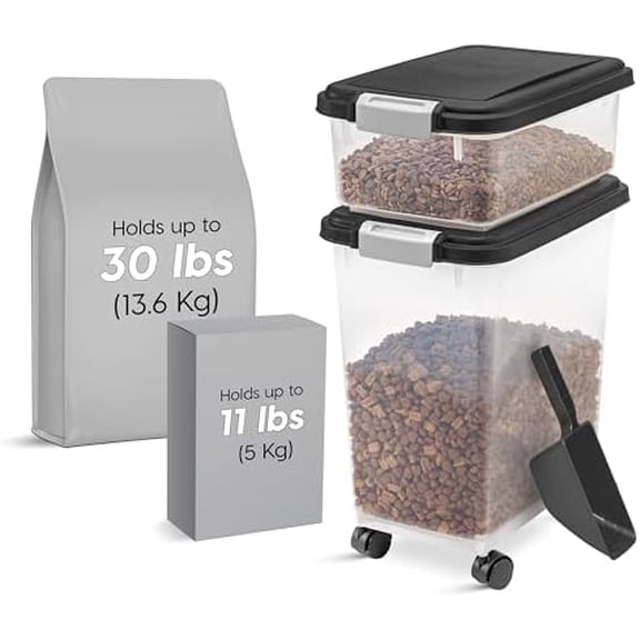 30 lbs & 11 lbs Combo Airtight Dog Food Storage Container, Stackable Treat Box, 2-Cup Scoop, Wheels, Keep Fresh, Easy Mobility, Black