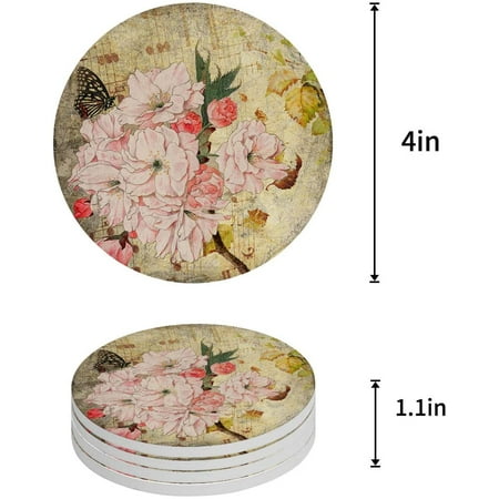 

ZHANZZK Retro Cherry Blossoms with Fallen Leaves and Butterflies Set of 8 Round Coaster for Drinks Absorbent Ceramic Stone Coasters Cup Mat with Cork Base for Home Kitchen Room Coffee Table Bar Decor